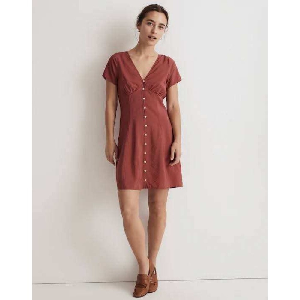 Madewell Button Front Mini Dress Women Size 2 Rust‎ Red Textured Short Sleeve